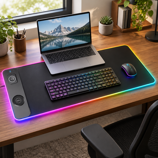 RGB wireless charging desk mat on a wooden desk setup with a laptop, keyboard, and mouse, RGB edge lighting glowing