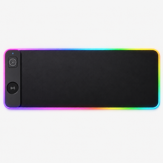 3-in-1 RGB wireless charging desk mat, 80x30cm, black surface with multicolor RGB edge lighting on, top-down studio shot