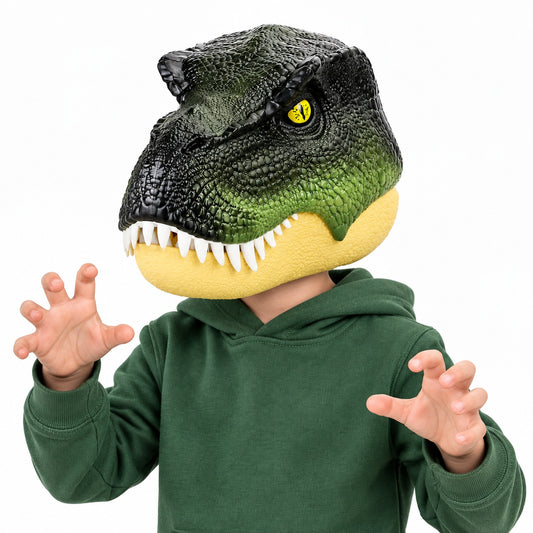 Child wearing the LED dinosaur mask with the moving jaw closed, head fully covered by the mask