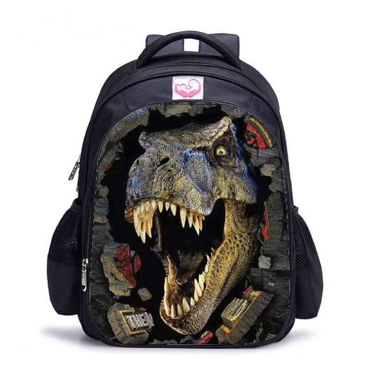 Black 3D dinosaur kids backpack, front view