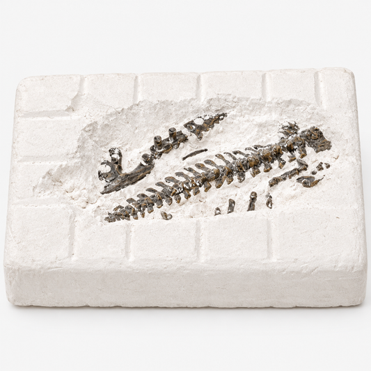 Close-up of the excavation block showing the partially excavated dinosaur fossil skeleton detail