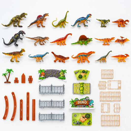 Flat lay of the full 215-piece dinosaur park playset showing 18 realistic dinosaur figures, cage and fence panels, palm trees, track pieces and the DINO park entrance sign