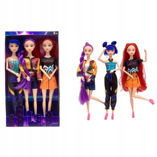 Fashion doll trio set, three dolls in colourful streetwear outfits