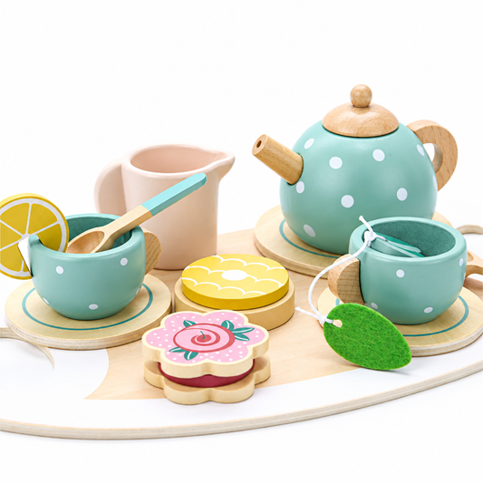 Wooden afternoon tea set toy with teapot, two teacups, saucers, milk jug and spoon arranged on a round wooden serving tray