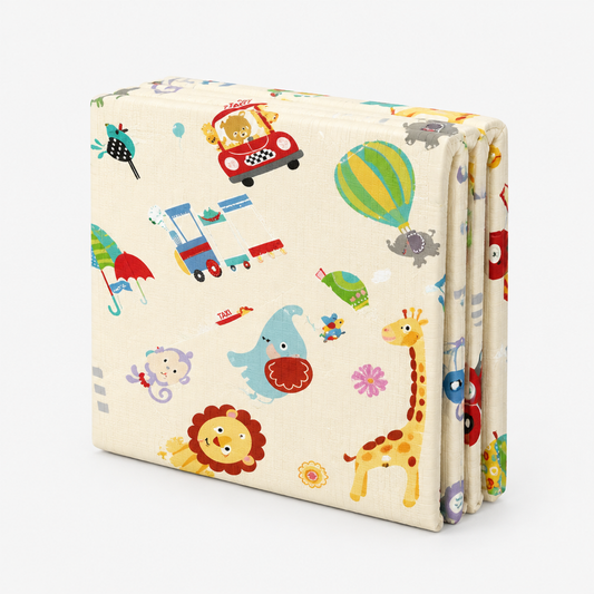 Beige foldable activity play mat folded into a compact trifold stack for storage