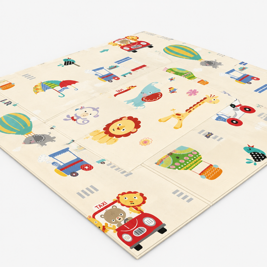 Foldable baby activity play mat in beige with zoo and vehicle print, shown fully unfolded