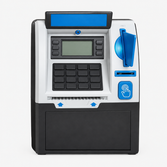 Kids ATM savings bank - straight-on front view, black unit, plain design