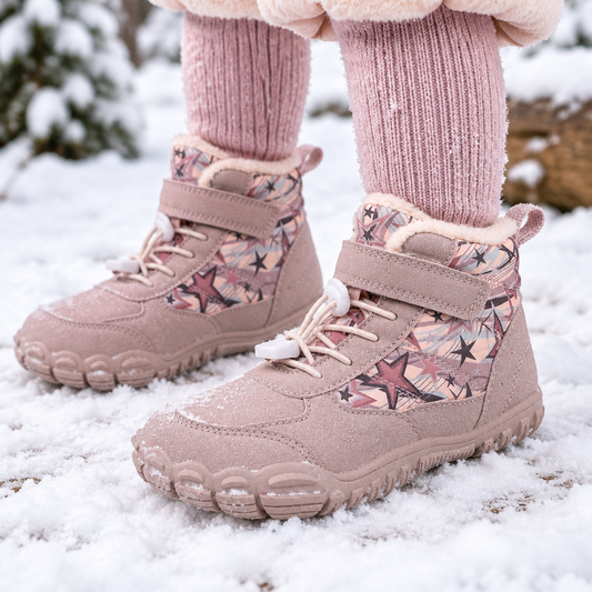 Child wearing pink waterproof snow boots outdoors