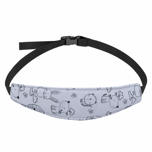 Grey dinosaur print baby car seat head support strap with adjustable strap and buckle