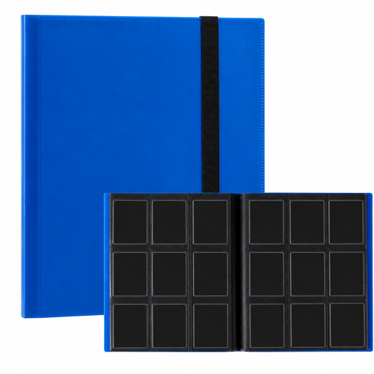 Blue 9-pocket trading card binder open on a table, side-loading pages with pocket grid holding cards, elastic strap closure visible