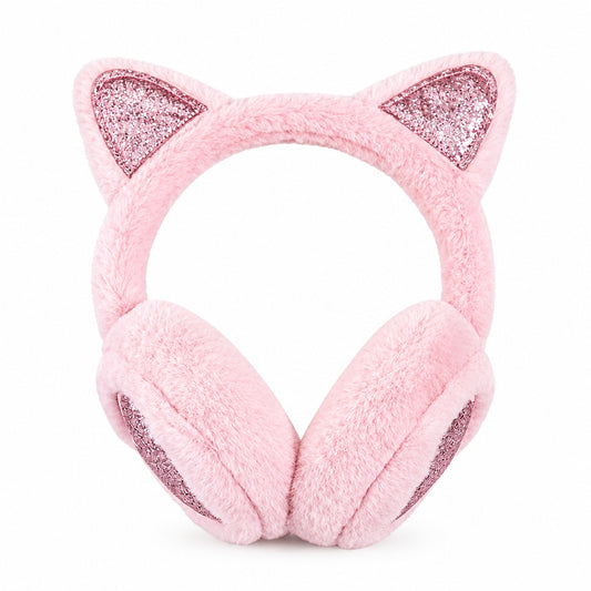 Pink glitter cat-ear plush earmuffs with sparkly triangle ears, studio shot on white background