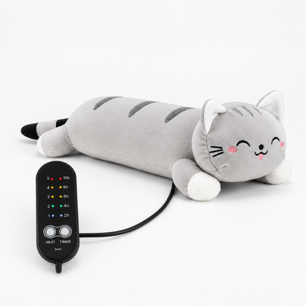 Heated Cat Plush Pillow, USB Rechargeable Warming Cushion with 5 Heat Levels & Timers