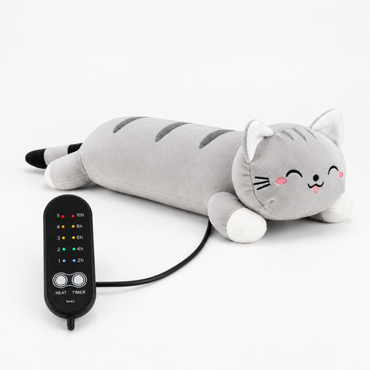 Grey cat-shaped USB heating plush pillow with corded remote control, studio shot on white background