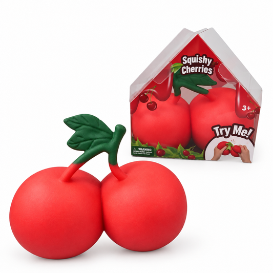 Cherry-shaped stress relief squeeze toy shown in rich red and green tones, highlighting its smooth, realistic texture