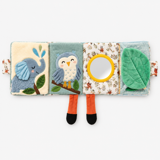Soft cloth book fully opened flat showing elephant, owl, mirror and leaf fabric pages with crinkle feet