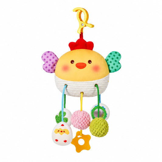 Hanging crib pull-string toy with plush yellow chick, crinkle wings, and dangling rattle balls and teether