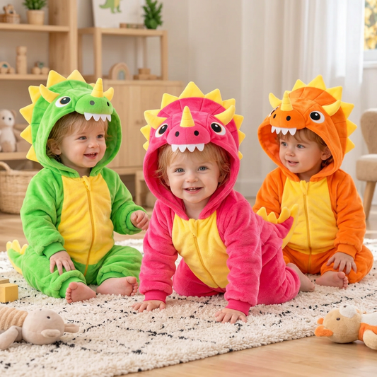 Baby dinosaur onesies lifestyle photo, three colours