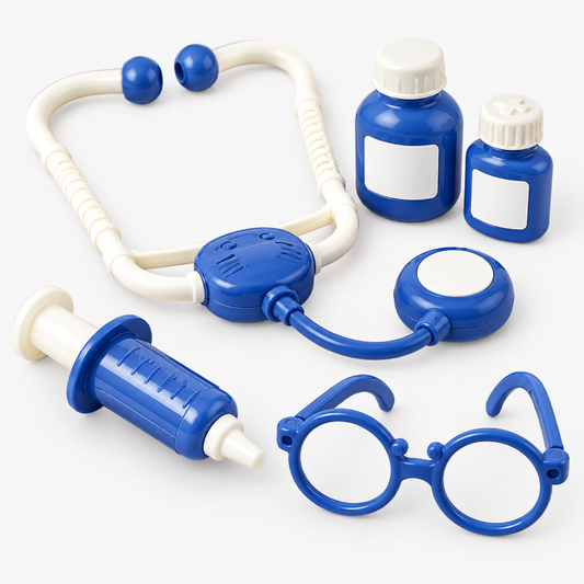 Close-up of blue doctor kit stethoscope, syringe toy, glasses and medicine bottles