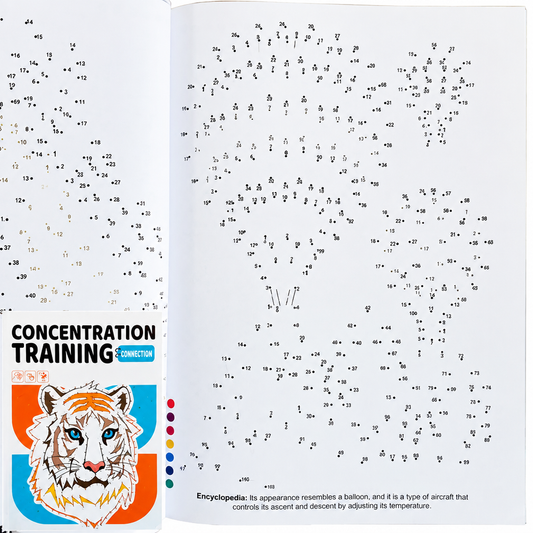 Open page of the activity book showing a tiger dot-to-dot puzzle with numbered dots to connect