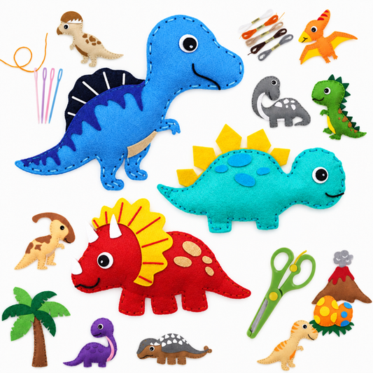 Kids felt sewing craft kit, dinosaur theme, with pre-cut felt triceratops, stegosaurus and spinosaurus pieces, embroidery needles and thread