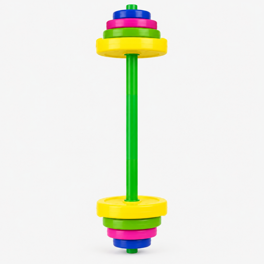 Kids fitness barbell toy standing upright, front view studio shot