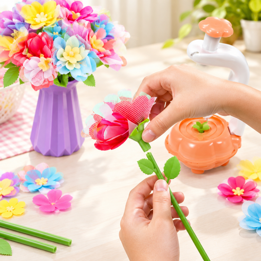 Child assembling fabric flower bouquet