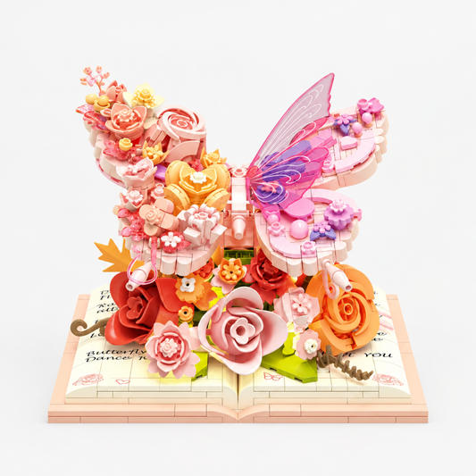 3D flower building block butterfly sculpture on open book base, clean white background