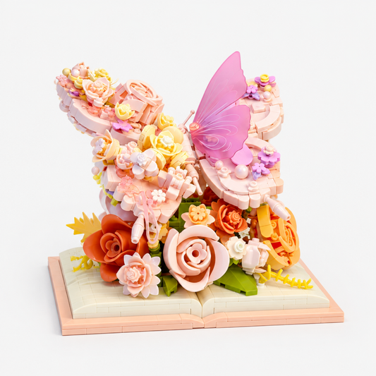 3D flower building block butterfly sculpture, side angle, clean white background