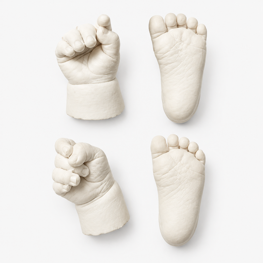 Baby footprint and handprint plaster casting kit – finished hand and foot keepsake casts, clean studio product photo