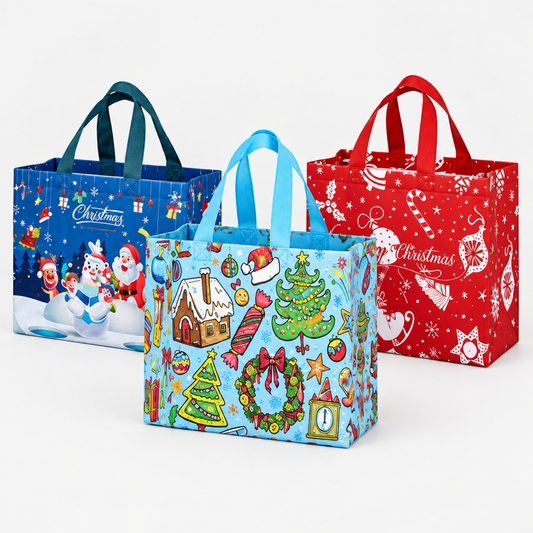 Reusable Christmas gift bags with handles, assorted holiday fabric designs, clean studio product shot