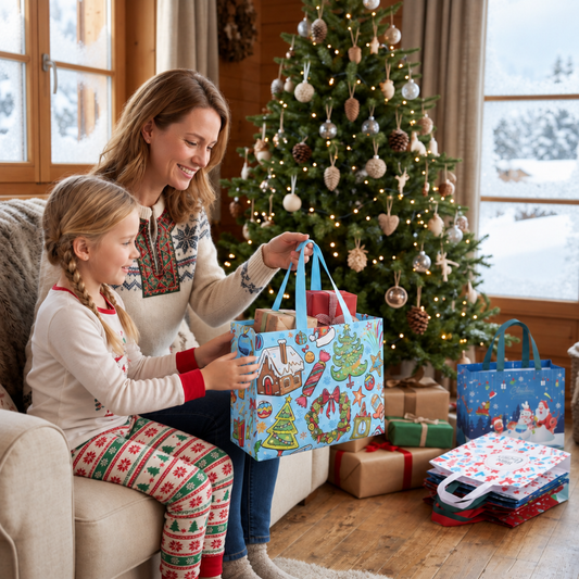 Mother and daughter wrapping presents using reusable Christmas gift bags next to a decorated tree