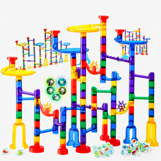 Glow Marble Run Building Block Set with Motorised Lift – 236-piece marble run tower on a white studio background