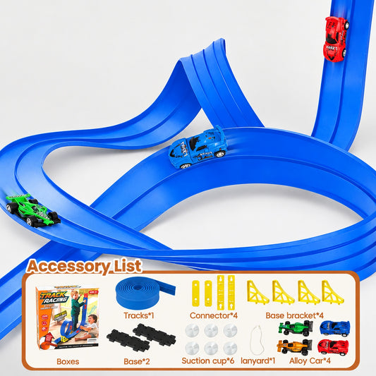 Blue DIY gravity race track set with aluminium rail and pull-back car