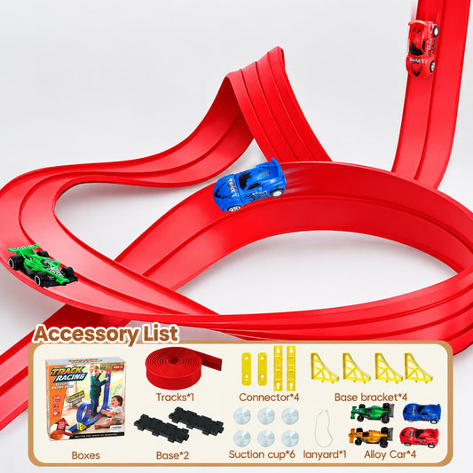 Red DIY gravity race track set with aluminium rail and pull-back car