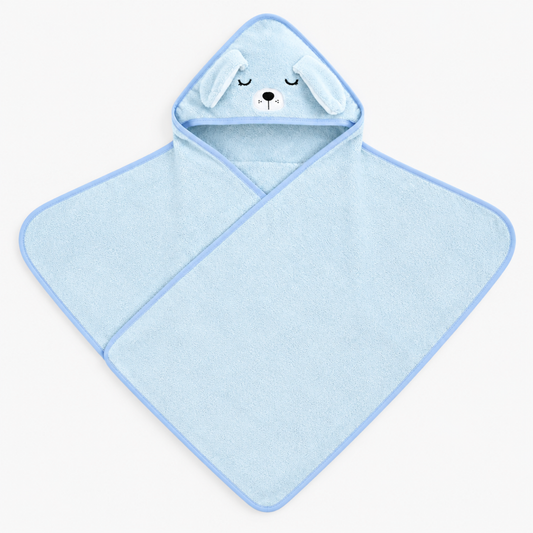 Blue dog hooded baby bath towel laid out flat, showing the full size and hood shape on a white background