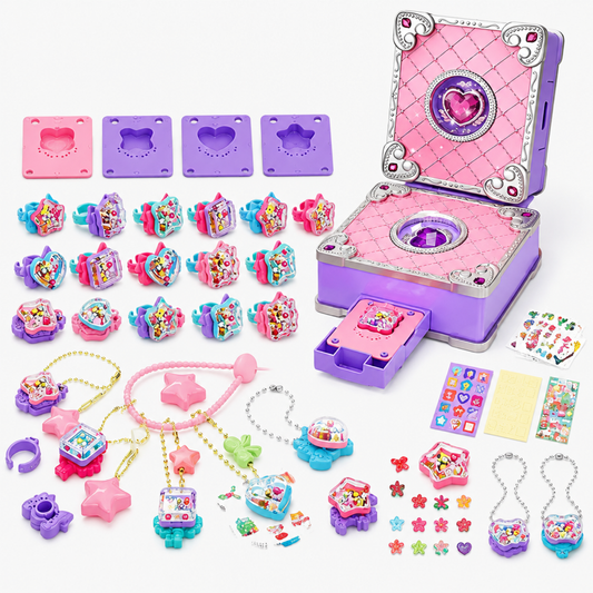 Magic jewellery making kit for kids - full set of charms, rings, molds and heart-shaped storage case laid out
