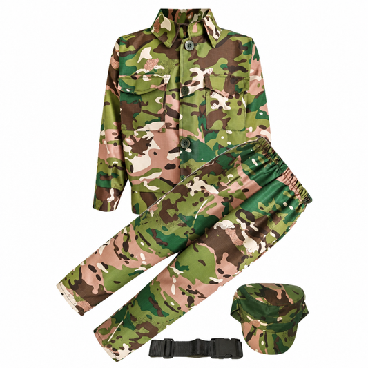 Kids desert tan camouflage soldier costume set - jacket, trousers, cap and belt, studio shot