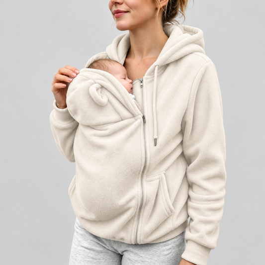 Woman wearing the cream fleece kangaroo baby carrier hoodie, zip-up front pouch open with a newborn baby nestled inside, studio background