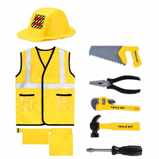 Kids yellow construction worker vest and HEAVY WORK hard hat with 5-piece TOOLS SET toy set - saw, pliers, pipe wrench, hammer and screwdriver, plus tool belt pouch