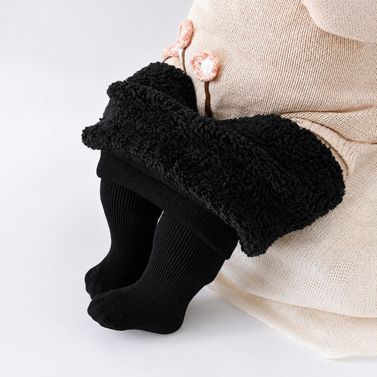 Black striped kids thermal fleece-lined leggings, front view flat lay