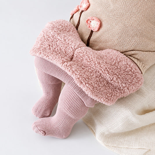 Pink striped kids thermal fleece-lined leggings, front view flat lay