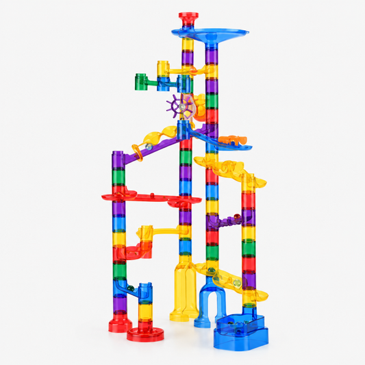 Transparent marble run building block set assembled tower, 84-piece size, colorful connecting tracks and spinning wheel