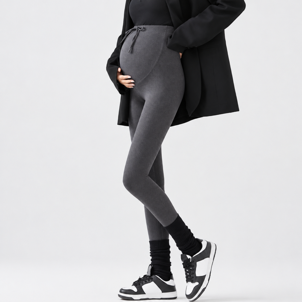 Maternity Ribbed Outdoor Leggings, Drawstring High-Waist Belly Support Pants