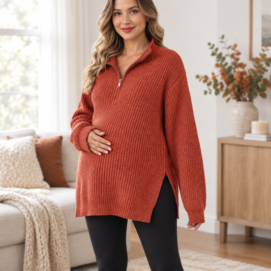 Pregnant model wearing brick red oversized knit maternity jumper, front view in a bright home living room