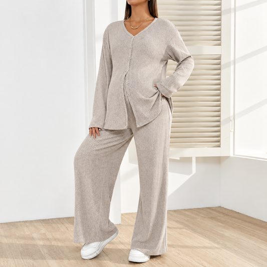 Pregnant woman wearing khaki maternity V-neck vest and loose trousers two-piece set, front view