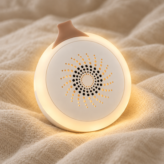 Close-up of the egg-shaped white noise machine glowing on a soft neutral blanket, showing the speaker grille detail