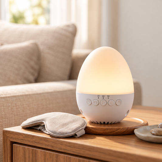 Egg-shaped portable baby white noise machine and night light glowing warm white light on a wooden table beside a beige sofa