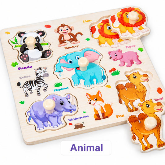 Wooden hand-grip peg puzzle board, Animal theme with panda, lion, elephant, zebra and camel pieces