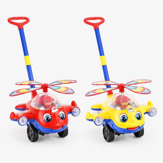 Push along aeroplane walker toy, red and yellow versions side by side on white background