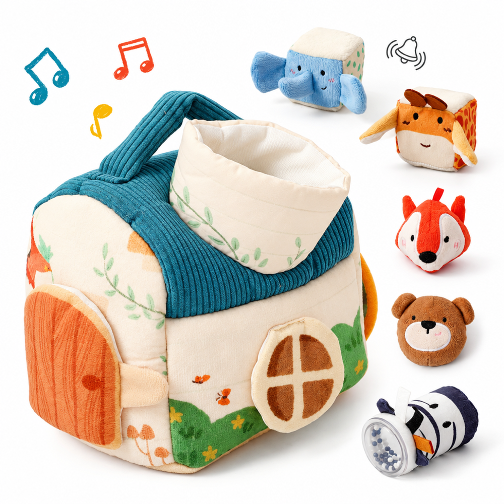 Montessori Plush Farm Barn Sensory Toy with Crinkle, Rattle & Bell